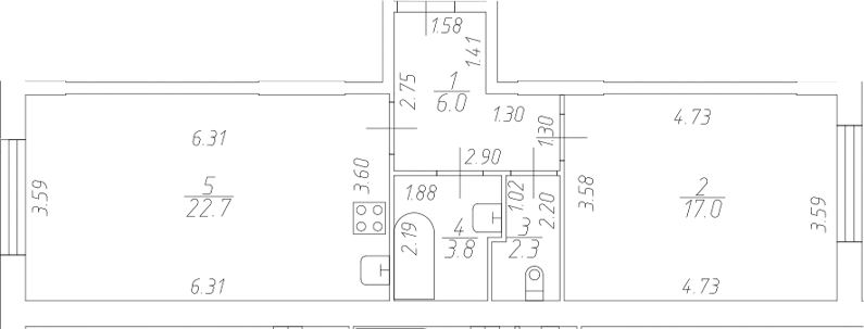 Планировка евродвушка (2Е) 51.8 м² в ЖК «Полет», корпус 1