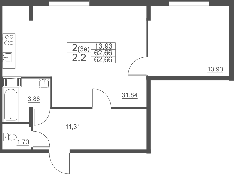 Планировка евродвушка (2Е) 62.7 м² в ЖК «Полет», корпус 5