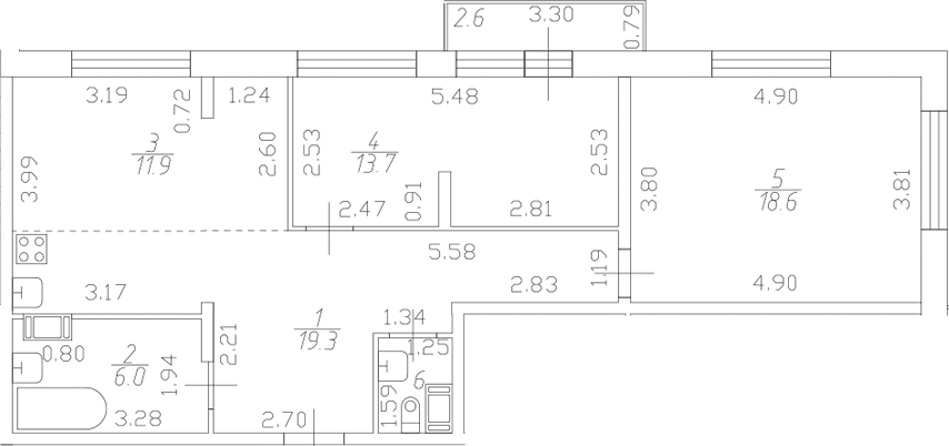 Планировка евротрёшка (3Е) 71.98 м² в ЖК «Полет», корпус 1