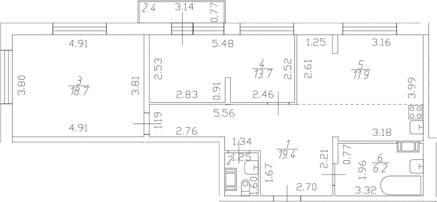 Планировка евротрёшка (3Е) 72.32 м² в ЖК «Полет», корпус 1
