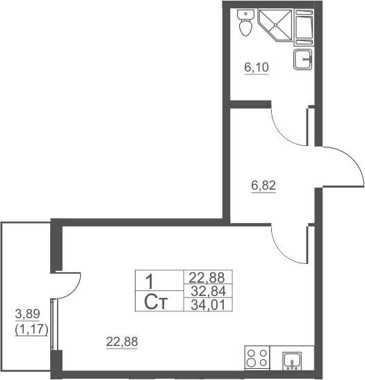 Планировка Студии 31.5 м² в ЖК «Полет», корпус 4