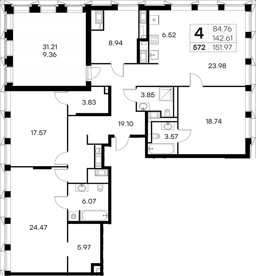Планировка 5Е-к.кв 148.1 м² в ЖК «Премиум Василеостровский», корпус 2