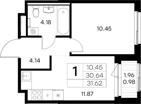 Планировка однокомнатная 31.62 м² в ЖК «Новоселье», корпус 5