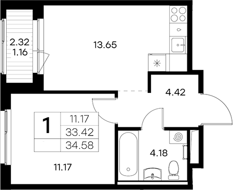 Планировка однокомнатная 34.58 м² в ЖК «Новоселье», корпус 5