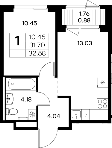 Планировка евродвушка (2Е) 32.58 м² в ЖК «Новоселье», корпус 3