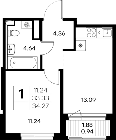 Планировка евродвушка (2Е) 34.27 м² в ЖК «Новоселье», корпус 3