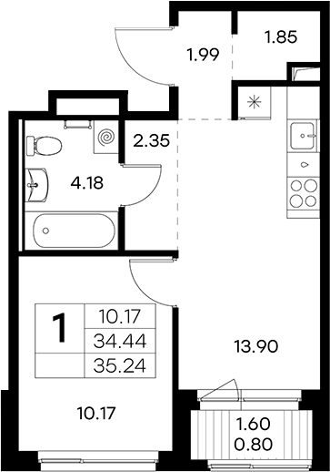 Планировка евродвушка (2Е) 35.24 м² в ЖК «Новоселье», корпус 3