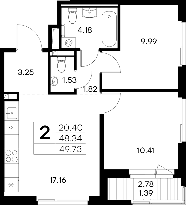 Планировка евротрёшка (3Е) 49.73 м² в ЖК «Новоселье», корпус 3