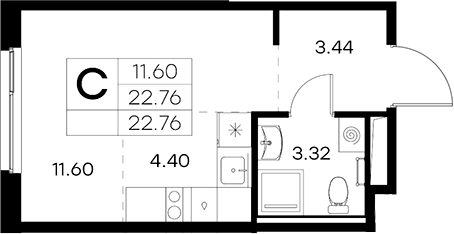 Планировка Студии 22.76 м² в ЖК «Новоселье», корпус 5