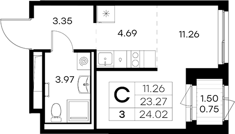Планировка Студии 24.02 м² в ЖК «Новоселье», корпус 5