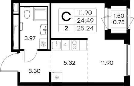 Планировка Студии 25.24 м² в ЖК «Новоселье», корпус 6