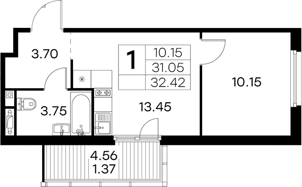 Планировка однокомнатная 32.42 м² в ЖК «Парголово», корпус 4