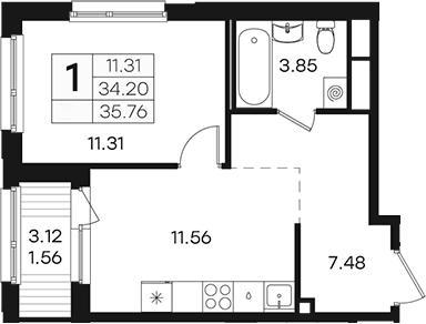 Планировка однокомнатная 35.76 м² в ЖК «Парголово», корпус 2