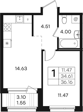 Планировка однокомнатная 36.16 м² в ЖК «Парголово», корпус 2