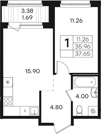 Планировка евродвушка (2Е) 37.65 м² в ЖК «Парголово», корпус 2