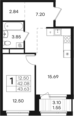 Планировка евродвушка (2Е) 43.63 м² в ЖК «Парголово», корпус 2