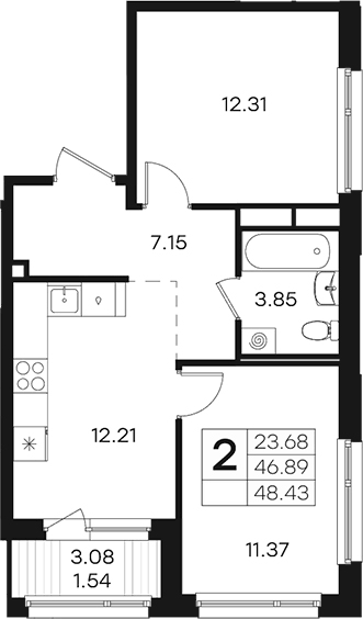 Планировка двухкомнатная 48.43 м² в ЖК «Парголово», корпус 2