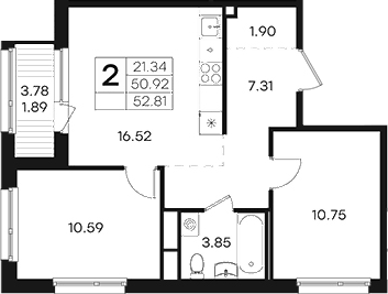 Планировка евротрёшка (3Е) 52.81 м² в ЖК «Парголово», корпус 2