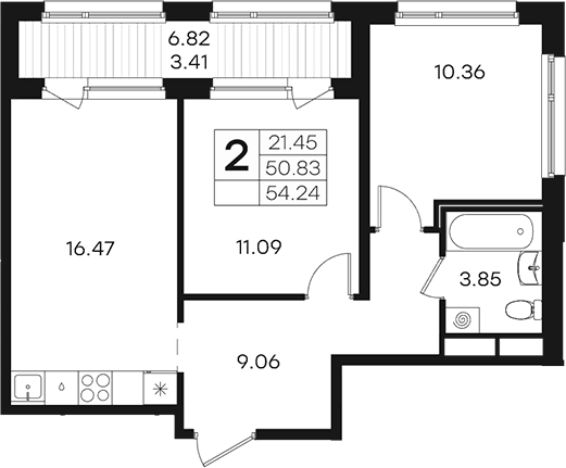 Планировка евротрёшка (3Е) 54.24 м² в ЖК «Парголово», корпус 2