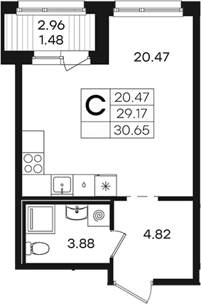 Планировка Студии 30.65 м² в ЖК «Парголово», корпус 2