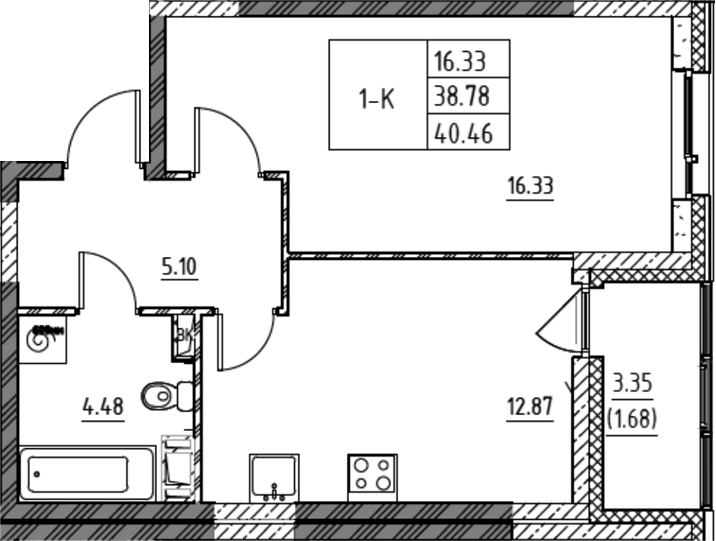 Планировка однокомнатная 40.46 м² в ЖК «Город-спутник Южный», корпус 13-1