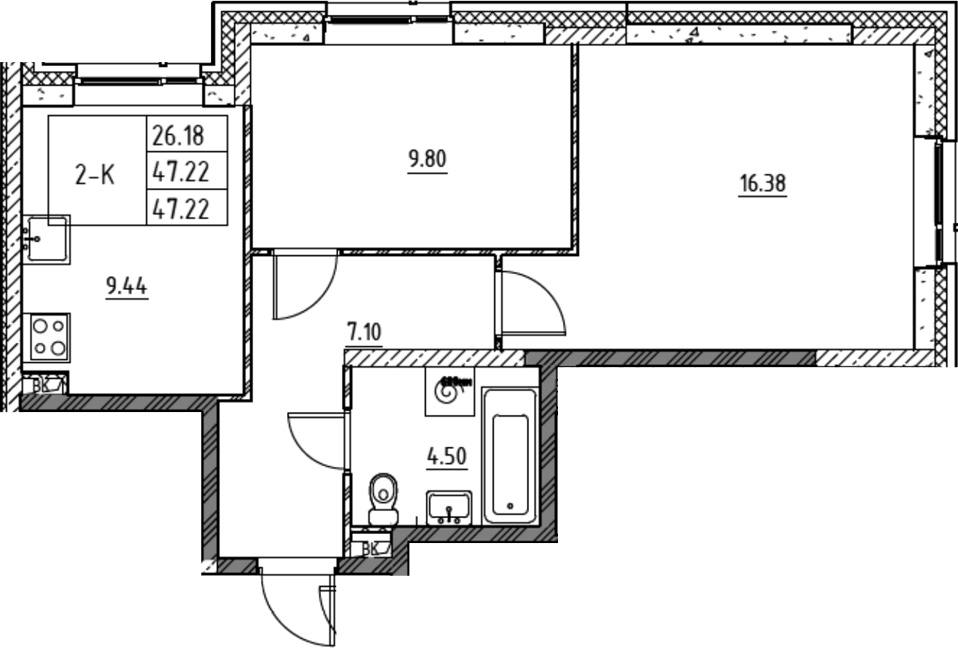 Планировка двухкомнатная 47.22 м² в ЖК «Город-спутник Южный», корпус 13-1