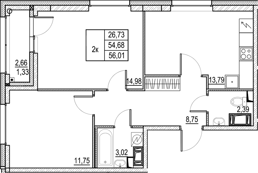 Планировка двухкомнатная 56.01 м² в ЖК «Город-спутник Южный», корпус 2-2