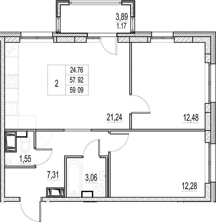 Планировка евротрёшка (3Е) 59.09 м² в ЖК «Город-спутник Южный», корпус 4-3