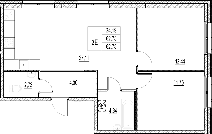 Планировка евротрёшка (3Е) 62.73 м² в ЖК «Город-спутник Южный», корпус 2-3