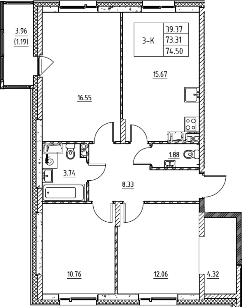Планировка трёхкомнатная 74.5 м² в ЖК «Город-спутник Южный», корпус 13-1