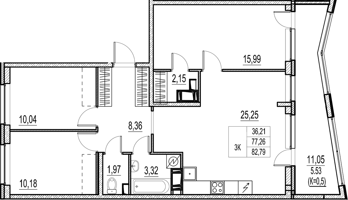 Планировка евро-4 (4Е) 82.79 м² в ЖК «Город-спутник Южный», корпус 1-3