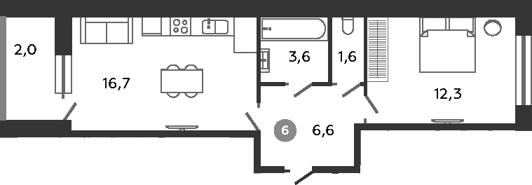 Планировка евродвушка (2Е) 42.8 м² в ЖК «Графская слобода в Песках», корпус 1