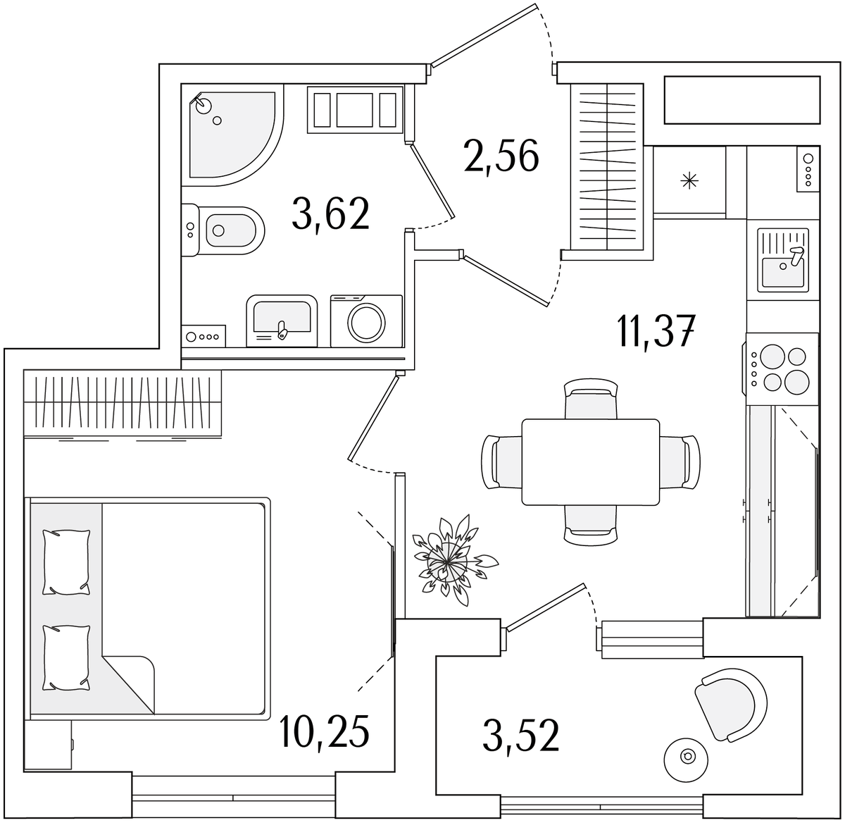 Планировка однокомнатная 29.56 м² в ЖК «Гранат», корпус 4