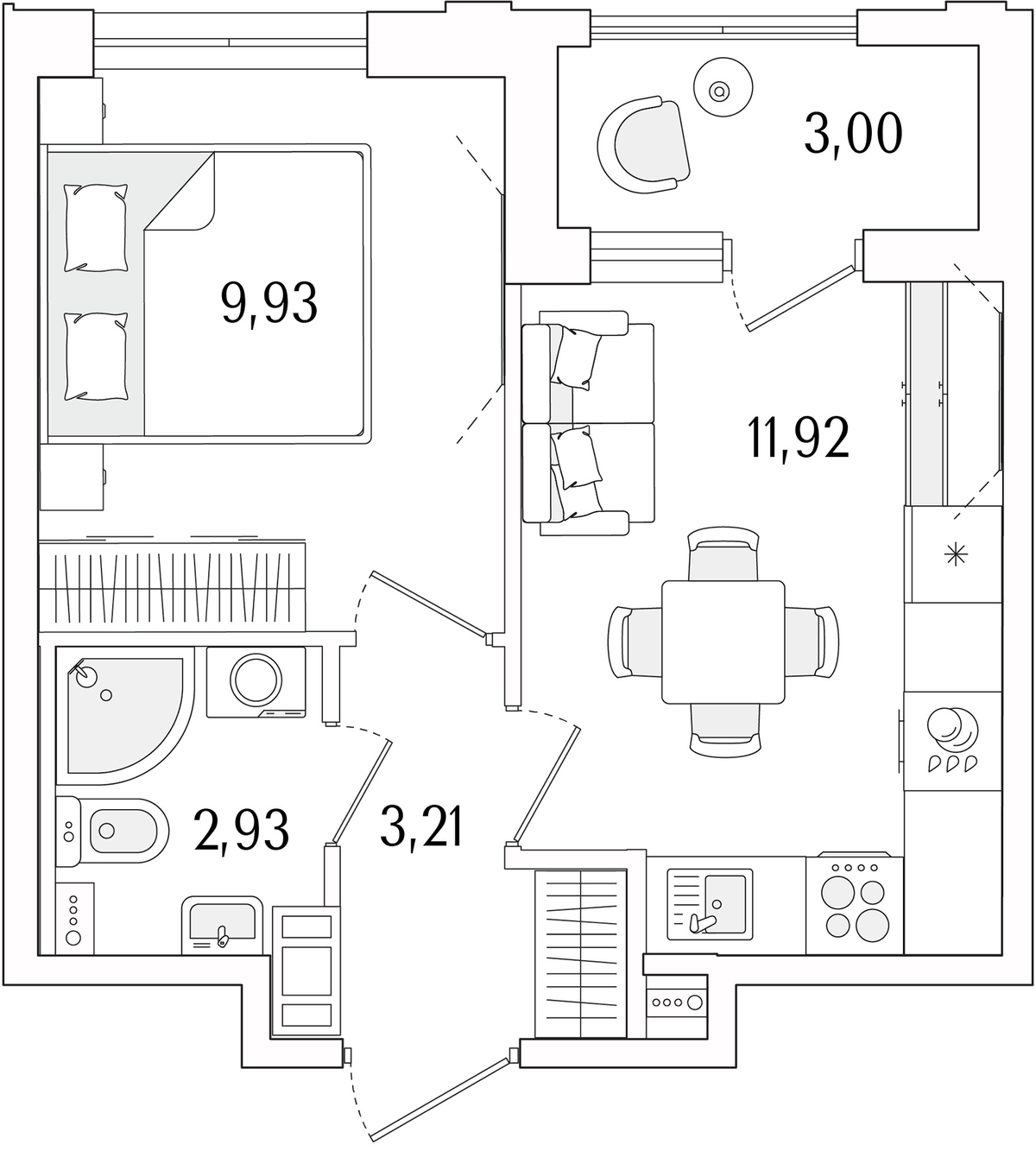 Планировка евродвушка (2Е) 29.49 м² в ЖК «Гранат», корпус 6