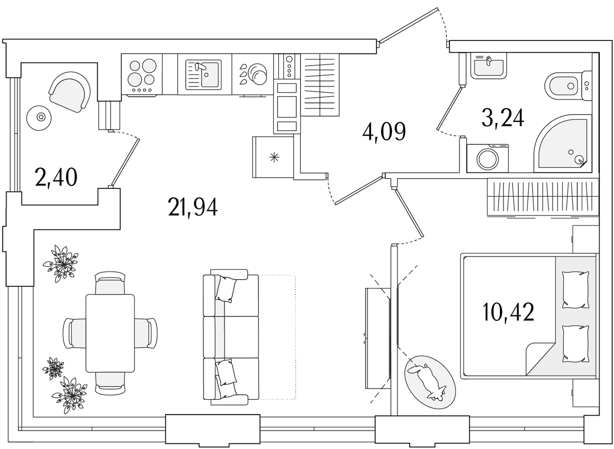 Планировка евродвушка (2Е) 40.89 м² в ЖК «Гранат», корпус 6