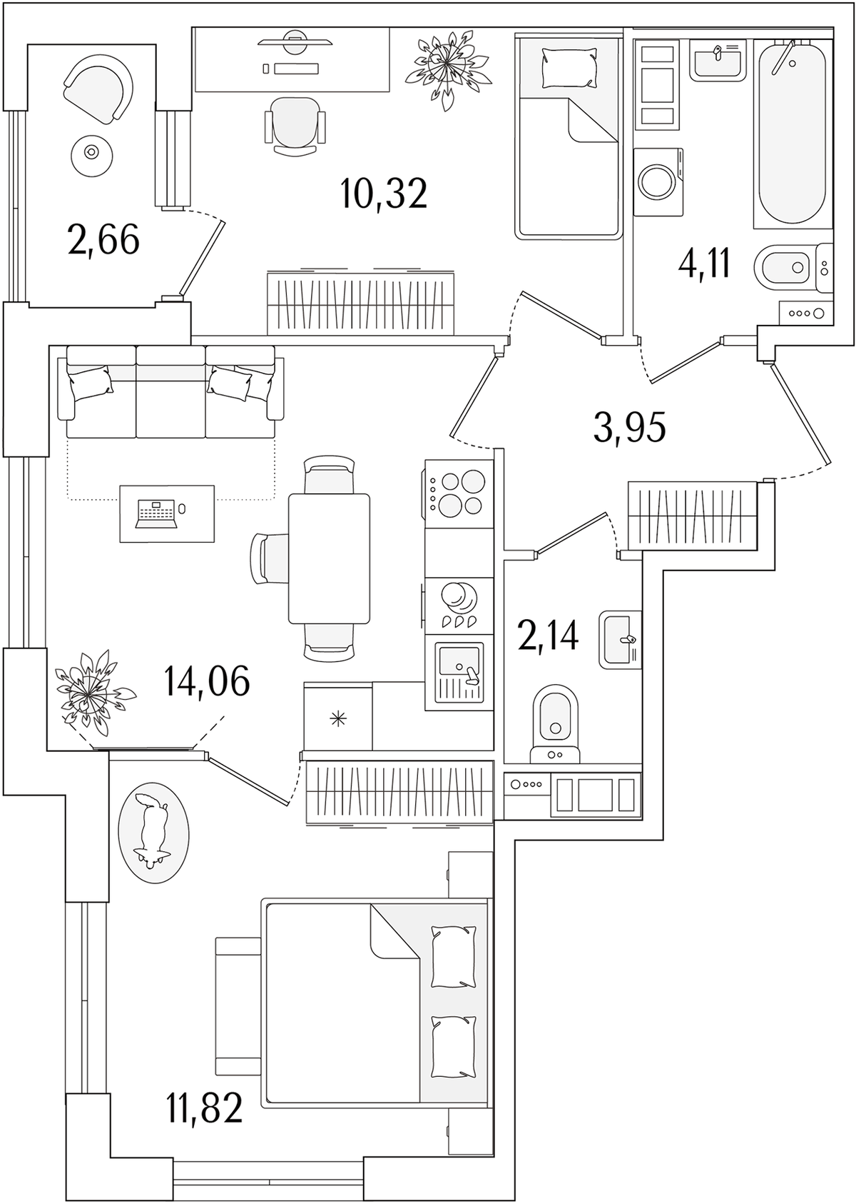 Планировка двухкомнатная 47.73 м² в ЖК «Гранат», корпус 4