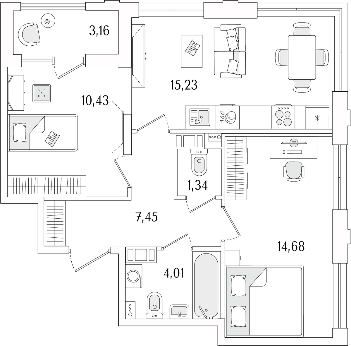 Планировка евротрёшка (3Е) 54.72 м² в ЖК «Гранат», корпус 6