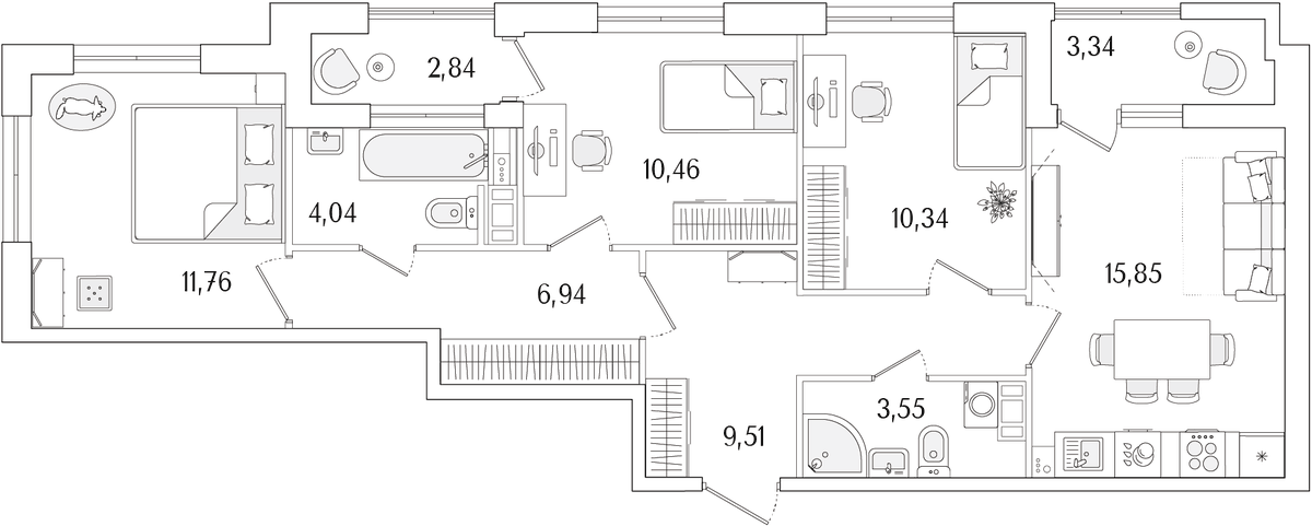 Планировка евро-4 (4Е) 75.54 м² в ЖК «Гранат», корпус 5