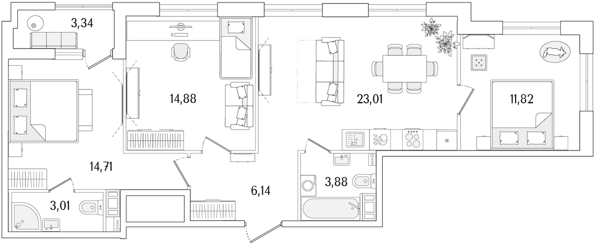 Планировка евро-4 (4Е) 79.12 м² в ЖК «Гранат», корпус 4