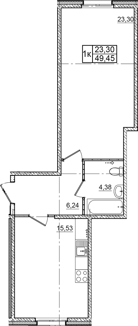 Планировка евродвушка (2Е) 49.45 м² в ЖК «Granholm Village», корпус 1