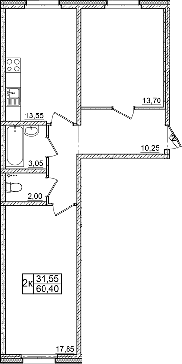 Планировка двухкомнатная 60.4 м² в ЖК «Granholm Village», корпус 1