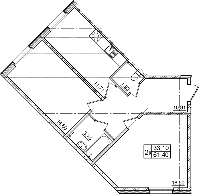 Планировка двухкомнатная 62.5 м² в ЖК «Granholm Village», корпус 1