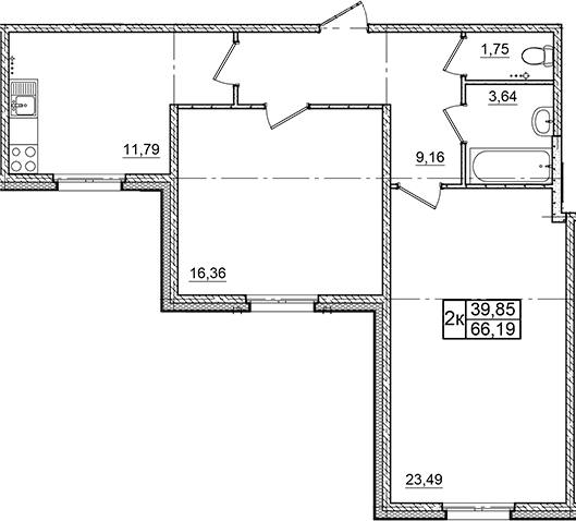 Планировка двухкомнатная 66.19 м² в ЖК «Granholm Village», корпус 1