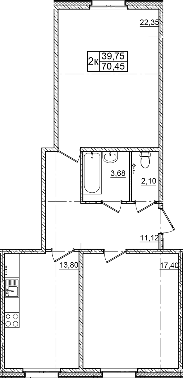 Планировка двухкомнатная 70.45 м² в ЖК «Granholm Village», корпус 1