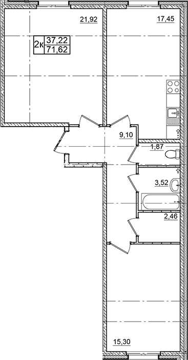 Планировка евротрёшка (3Е) 71.62 м² в ЖК «Granholm Village», корпус 1