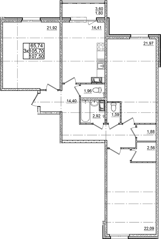 Планировка трёхкомнатная 107.5 м² в ЖК «Granholm Village», корпус 1