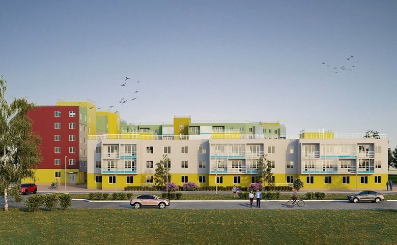Granholm Village — Уличный фасад целиком: первый этаж выделен жёлтым цветом, но
