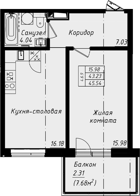 Планировка евродвушка (2Е) 45.54 м² в ЖК «Grona Lund», корпус 4.6