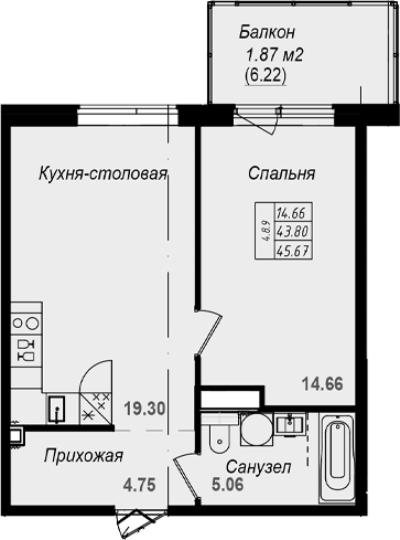 Планировка евродвушка (2Е) 45.67 м² в ЖК «Grona Lund», корпус 4.8