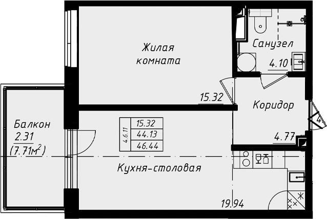 Планировка евродвушка (2Е) 46.44 м² в ЖК «Grona Lund», корпус 4.6